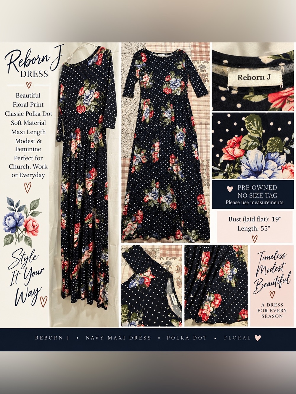Reborn J Navy Floral Polka Dot Maxi Dress 3/4 Sleeve Modest